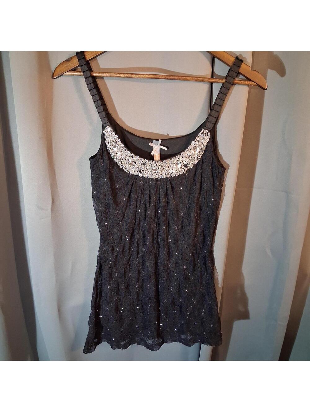 Vanity Black Beaded Sleeveless Shirt with Embellished Neckline